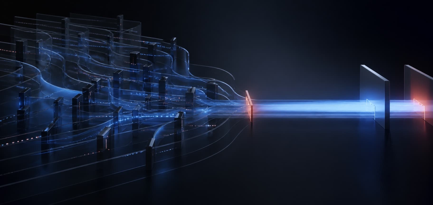 Many complex illuminated pathways converging into one direct route